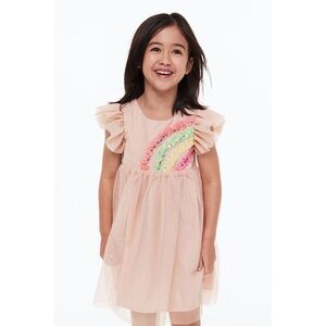 H&M Appliquéd Tulle Dress In Powder pink/rainbow